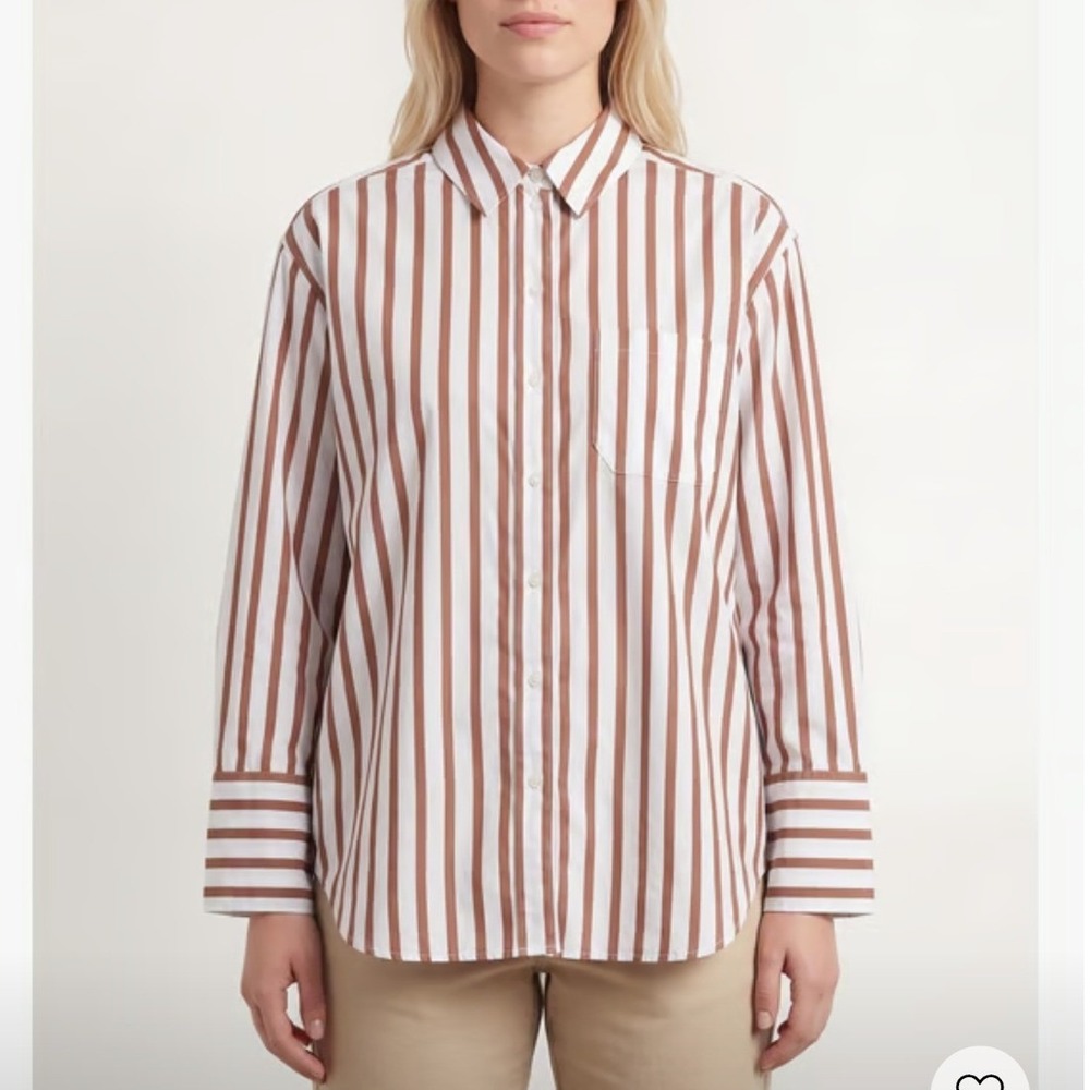 Sezane Bilma Shirt Womens 16 Organic Cotton Camel White Striped Button Down - Picture 2 of 11